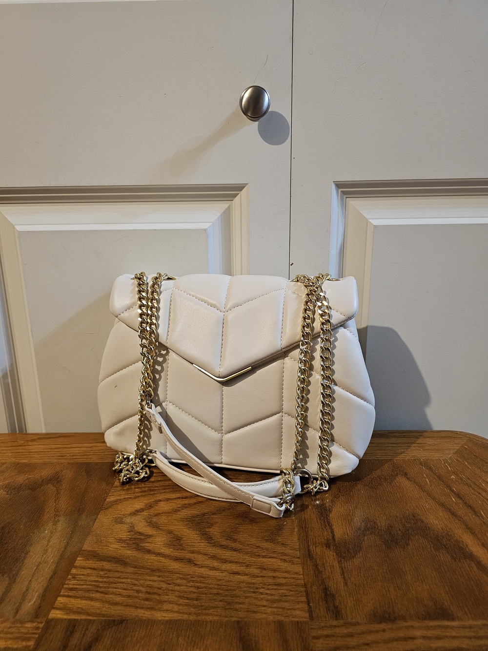 Madison West Chevron-Quilted Shoulder Bag with Gold Chain Strap in Ivory